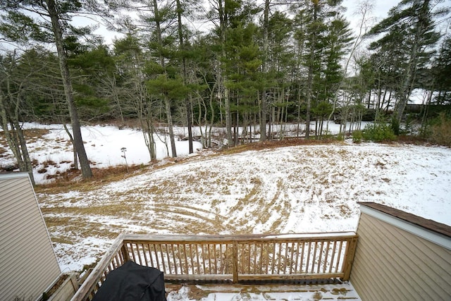 yard layered in snow with a deck