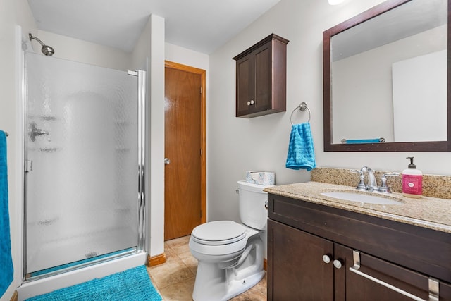 bathroom with walk in shower, tile patterned flooring, vanity, and toilet