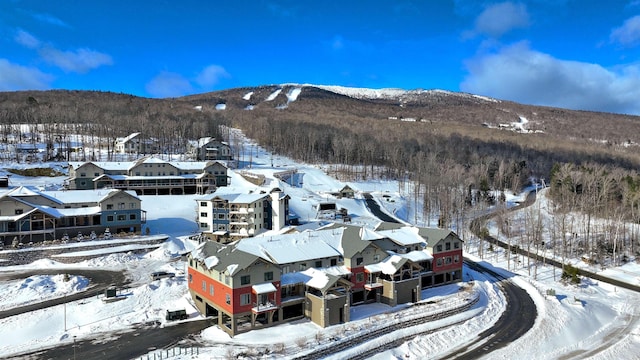 snowy aerial view featuring a mountain view