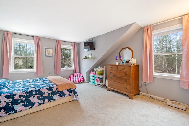 carpeted bedroom with multiple windows and vaulted ceiling