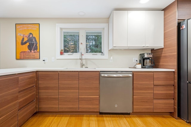 kitchen featuring sink, white cabinetry, light wood-type flooring, and appliances with stainless steel finishes