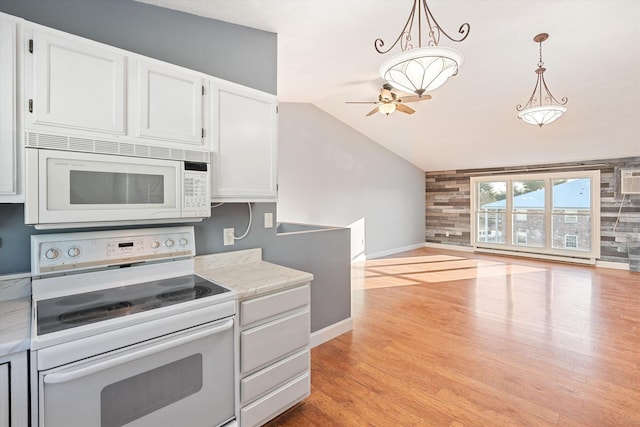 kitchen featuring white appliances, hanging light fixtures, ceiling fan, white cabinetry, and a baseboard radiator