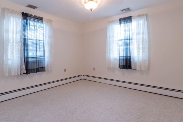 carpeted empty room with baseboard heating