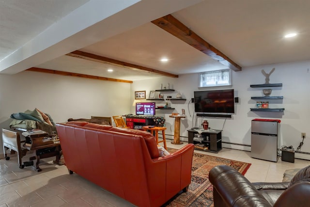 living room featuring a baseboard radiator and beamed ceiling