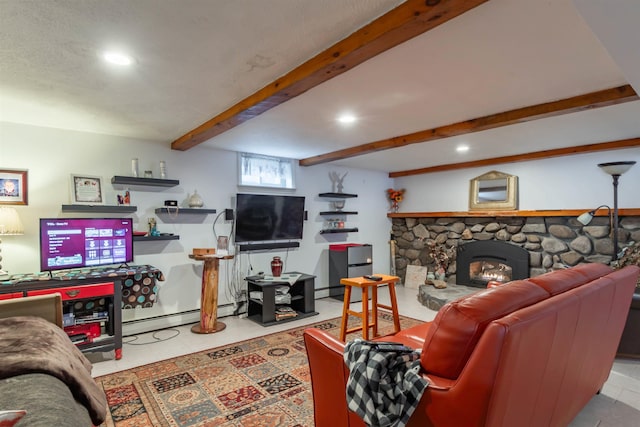 living room with a fireplace and baseboard heating