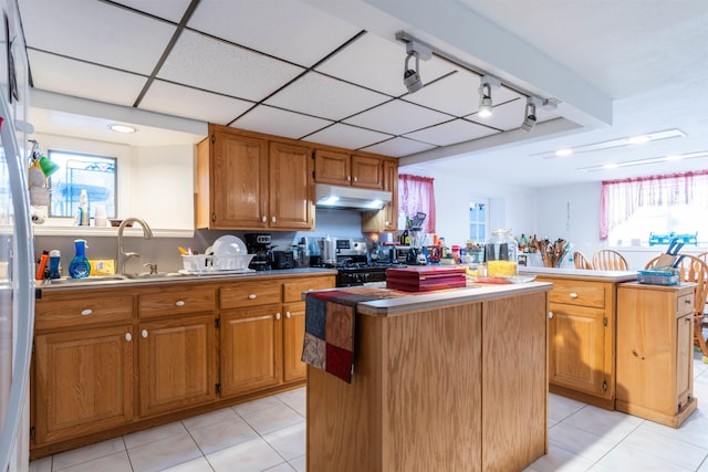 kitchen with stainless steel range, a center island, a wealth of natural light, and light tile patterned floors