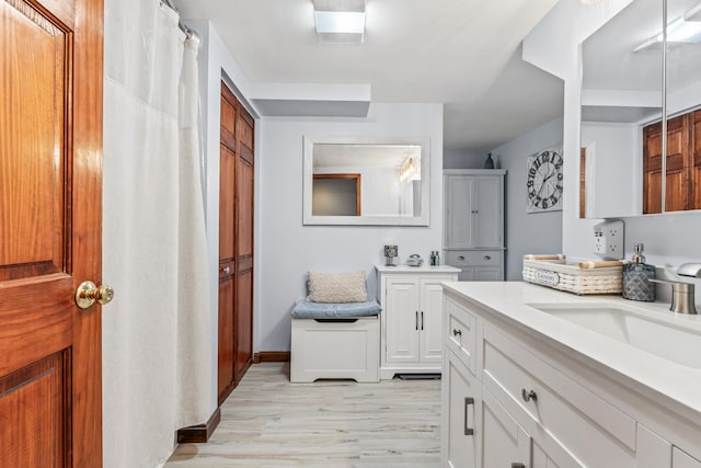 bathroom with vanity and hardwood / wood-style flooring