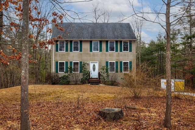 colonial inspired home with a front lawn