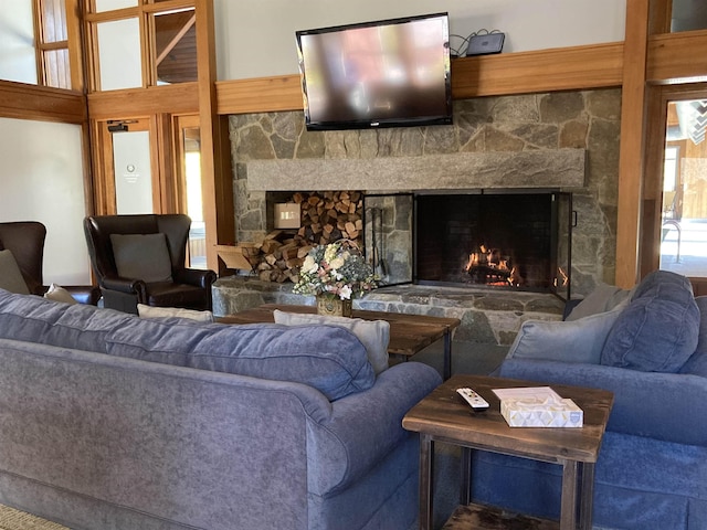 living room with a fireplace