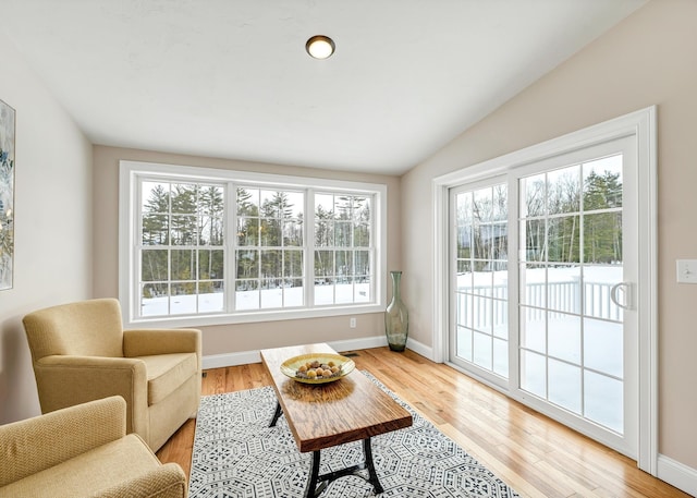 interior space featuring light wood-type flooring and vaulted ceiling