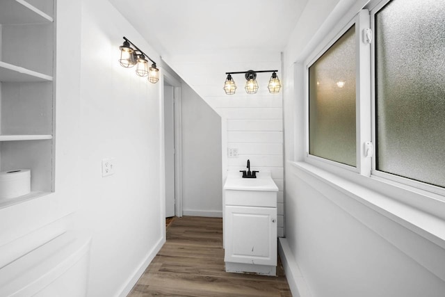 bathroom featuring vanity and hardwood / wood-style flooring