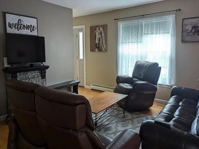 living room with light hardwood / wood-style floors and a baseboard heating unit