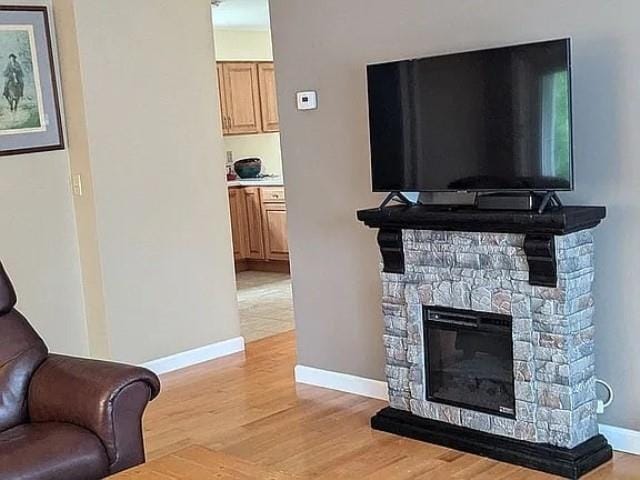 living room featuring light hardwood / wood-style flooring and a stone fireplace