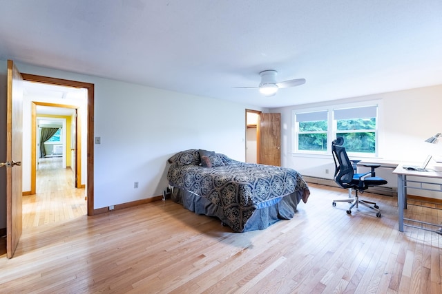 bedroom featuring ceiling fan and light hardwood / wood-style floors