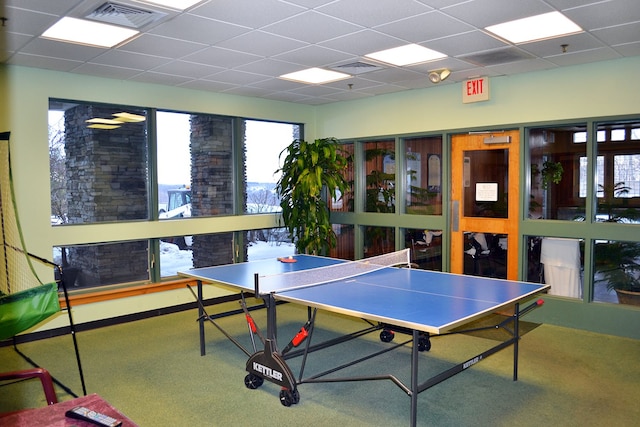 game room with carpet and a drop ceiling