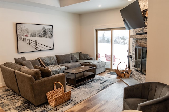 living room featuring a fireplace and light wood-type flooring