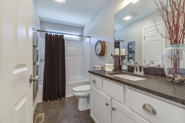 full bathroom with toilet, shower / bath combo, and vanity