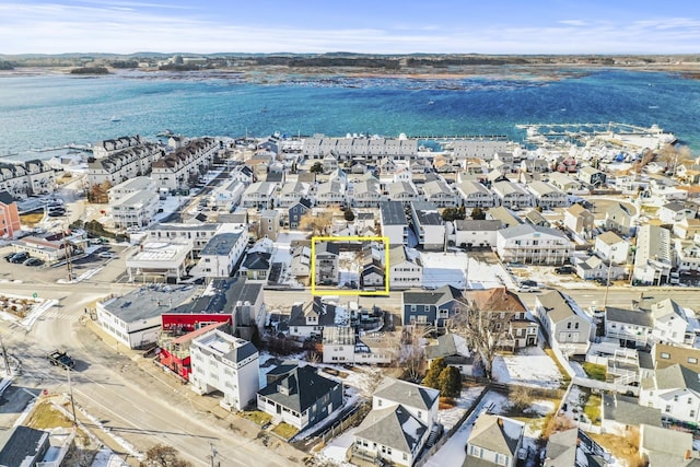 drone / aerial view with a water view