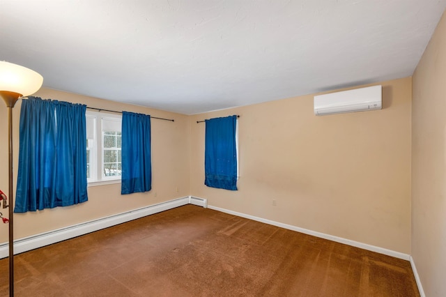 empty room with a wall unit AC, a baseboard radiator, and carpet flooring