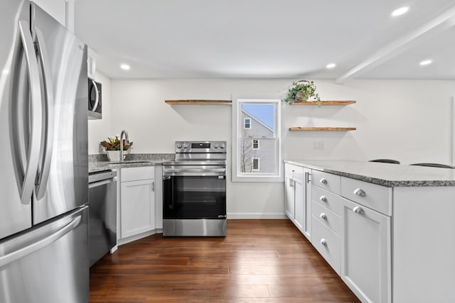 kitchen featuring white cabinets, stainless steel appliances, light stone countertops, and dark wood-type flooring