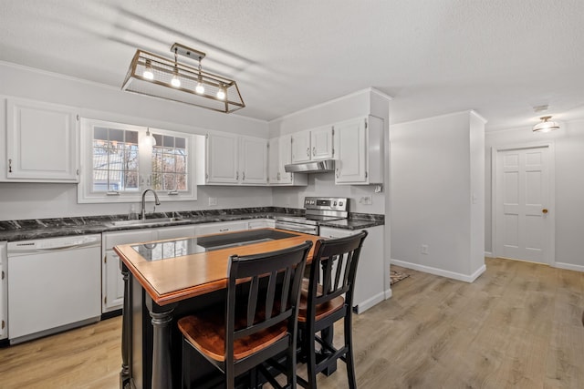 kitchen with a textured ceiling, white cabinets, white dishwasher, stainless steel electric range oven, and sink