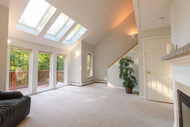 living room with a tiled fireplace, baseboard heating, light carpet, and lofted ceiling