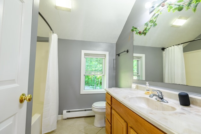 full bathroom with vaulted ceiling, tile patterned flooring, a baseboard heating unit, shower / bath combo, and vanity