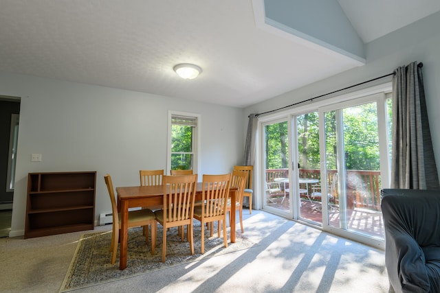 dining room with carpet flooring and a baseboard heating unit