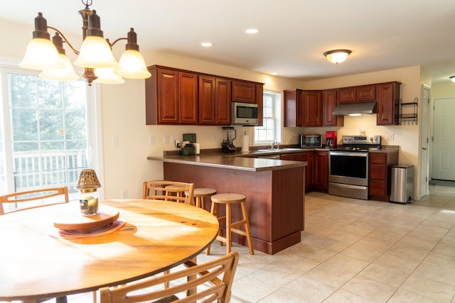 kitchen featuring kitchen peninsula, a chandelier, hanging light fixtures, appliances with stainless steel finishes, and sink