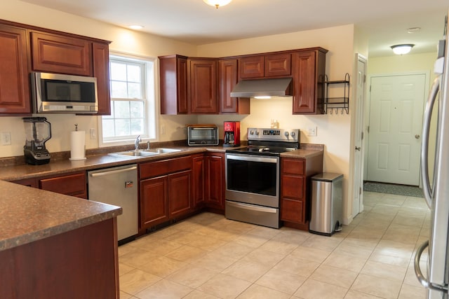 kitchen with range hood, appliances with stainless steel finishes, and sink