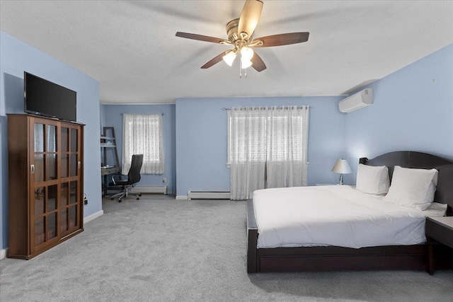 bedroom with an AC wall unit, a baseboard radiator, light carpet, and ceiling fan