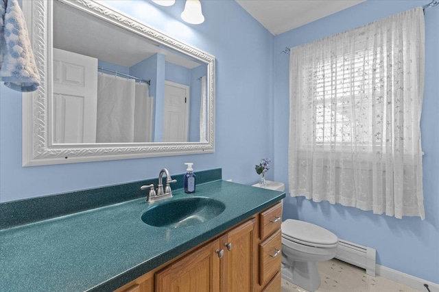 bathroom featuring a shower with curtain, a baseboard radiator, vanity, and toilet