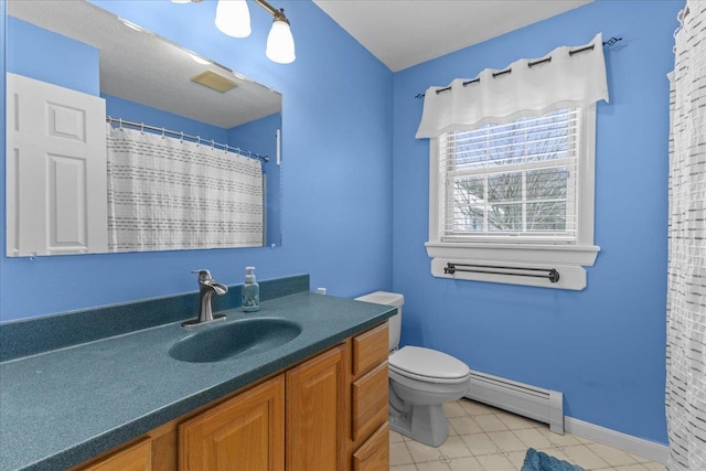 bathroom featuring toilet, vanity, baseboard heating, and curtained shower