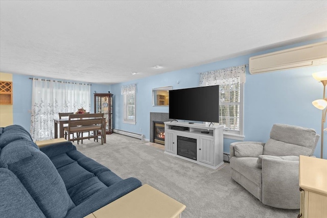 carpeted living room featuring a tiled fireplace, baseboard heating, and a wall mounted air conditioner