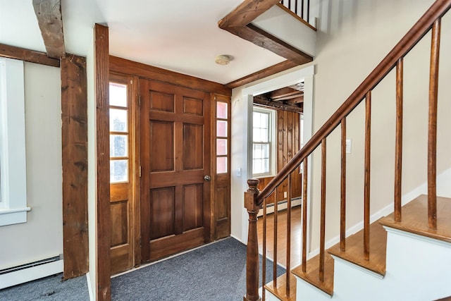 entrance foyer featuring dark carpet and a baseboard radiator