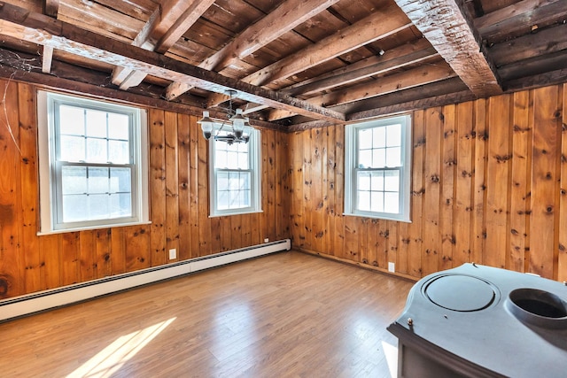 misc room with a baseboard radiator, wooden walls, wooden ceiling, light hardwood / wood-style flooring, and beam ceiling