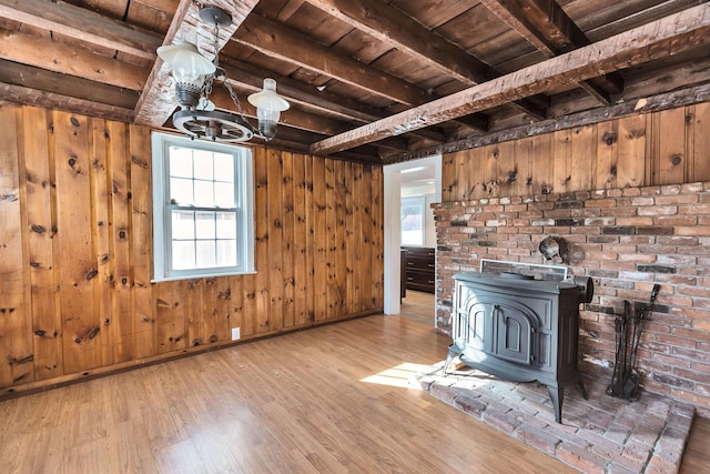 unfurnished living room featuring wood walls, beam ceiling, a wood stove, and hardwood / wood-style flooring