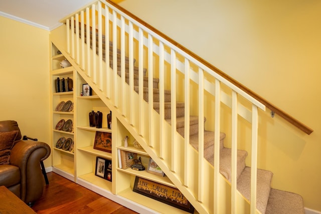 stairway with crown molding and hardwood / wood-style floors