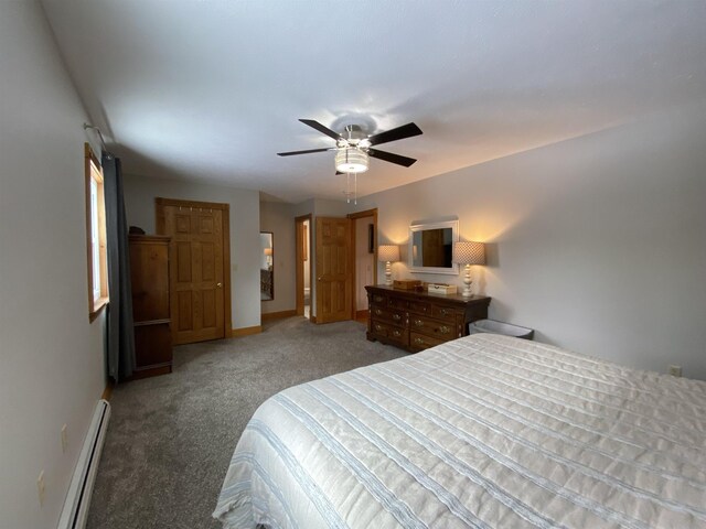 bedroom featuring ceiling fan, a baseboard radiator, and carpet