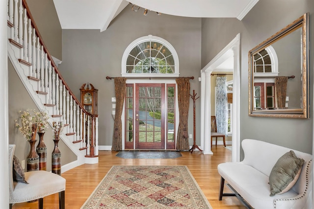 foyer with a healthy amount of sunlight, a high ceiling, and light hardwood / wood-style flooring