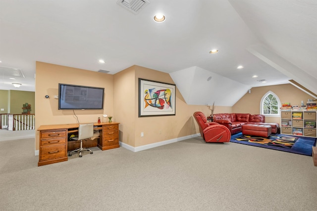 interior space featuring vaulted ceiling and carpet floors