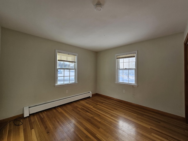 unfurnished room featuring dark wood-type flooring and a baseboard radiator