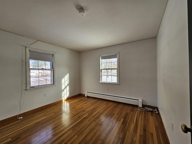 empty room with dark hardwood / wood-style floors and a baseboard radiator