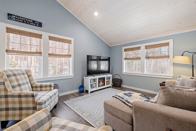 living room featuring vaulted ceiling, dark hardwood / wood-style flooring, wood ceiling, and plenty of natural light