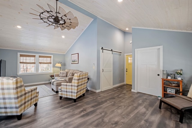 living room featuring a barn door, wood ceiling, dark hardwood / wood-style flooring, and crown molding