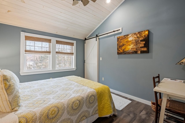 bedroom with lofted ceiling, a barn door, wooden ceiling, baseboards, and dark wood-style floors