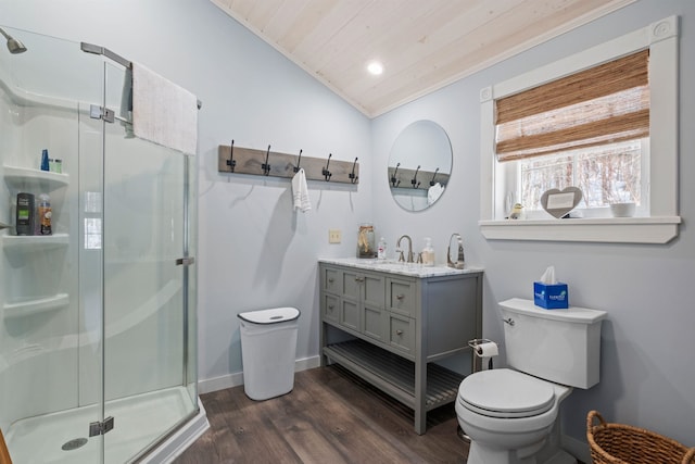 full bathroom with lofted ceiling, wood finished floors, wood ceiling, vanity, and a shower stall