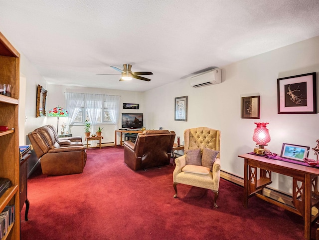 carpeted living room with ceiling fan, an AC wall unit, baseboard heating, and a textured ceiling