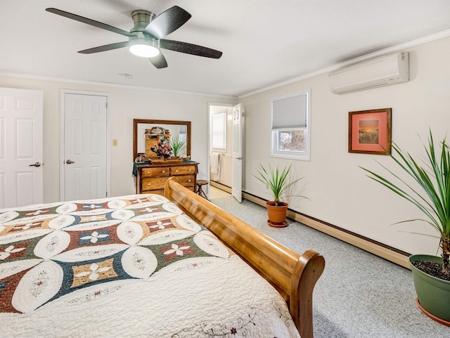 carpeted bedroom with ceiling fan, a wall mounted AC, ornamental molding, and a baseboard heating unit