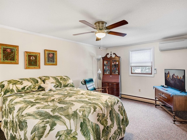 bedroom with ceiling fan, ornamental molding, baseboard heating, and an AC wall unit